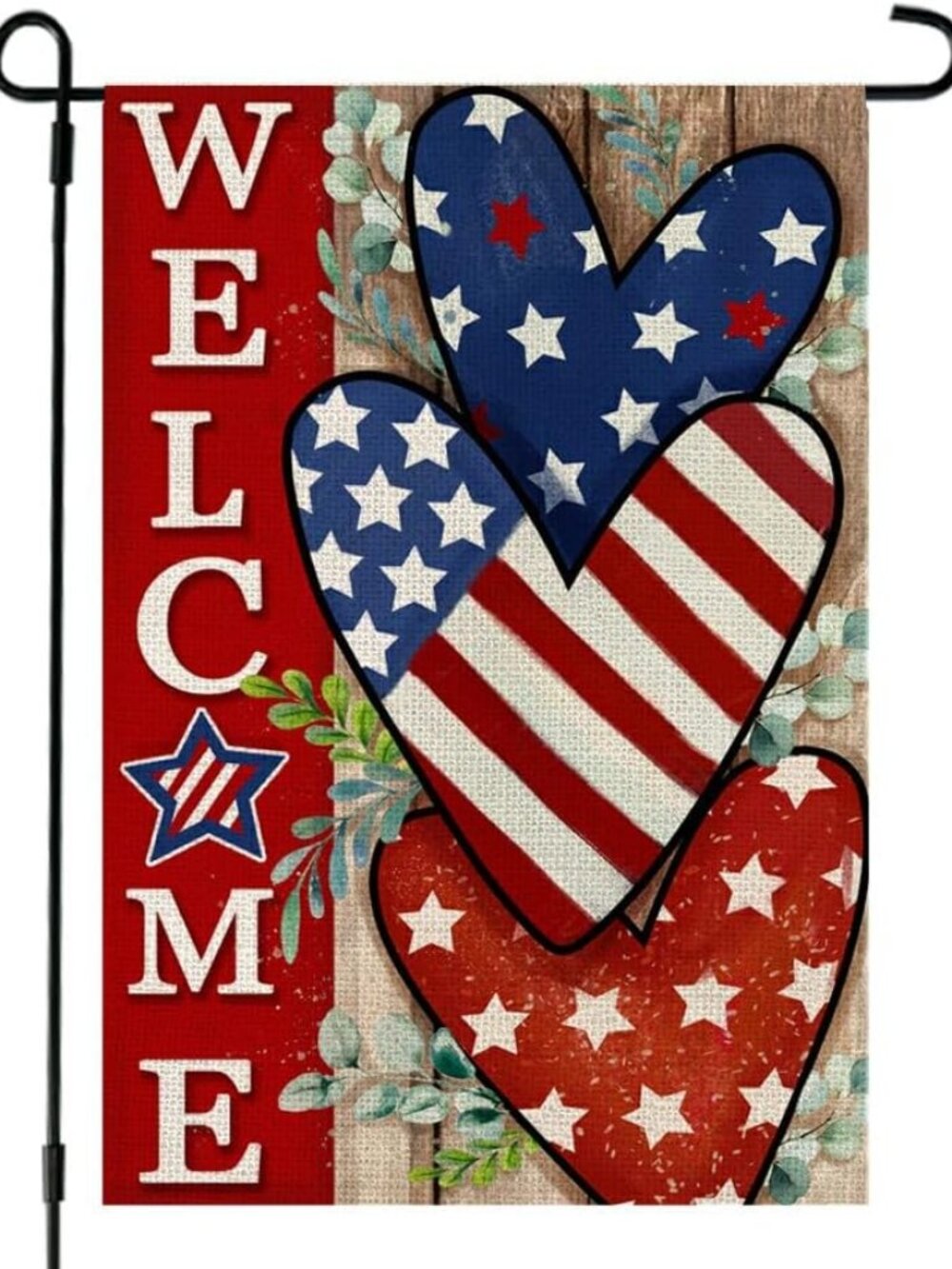 4th of July Patriotic Welcome Garden Flag 12x18 Inch Double Sided Flag Hearts B